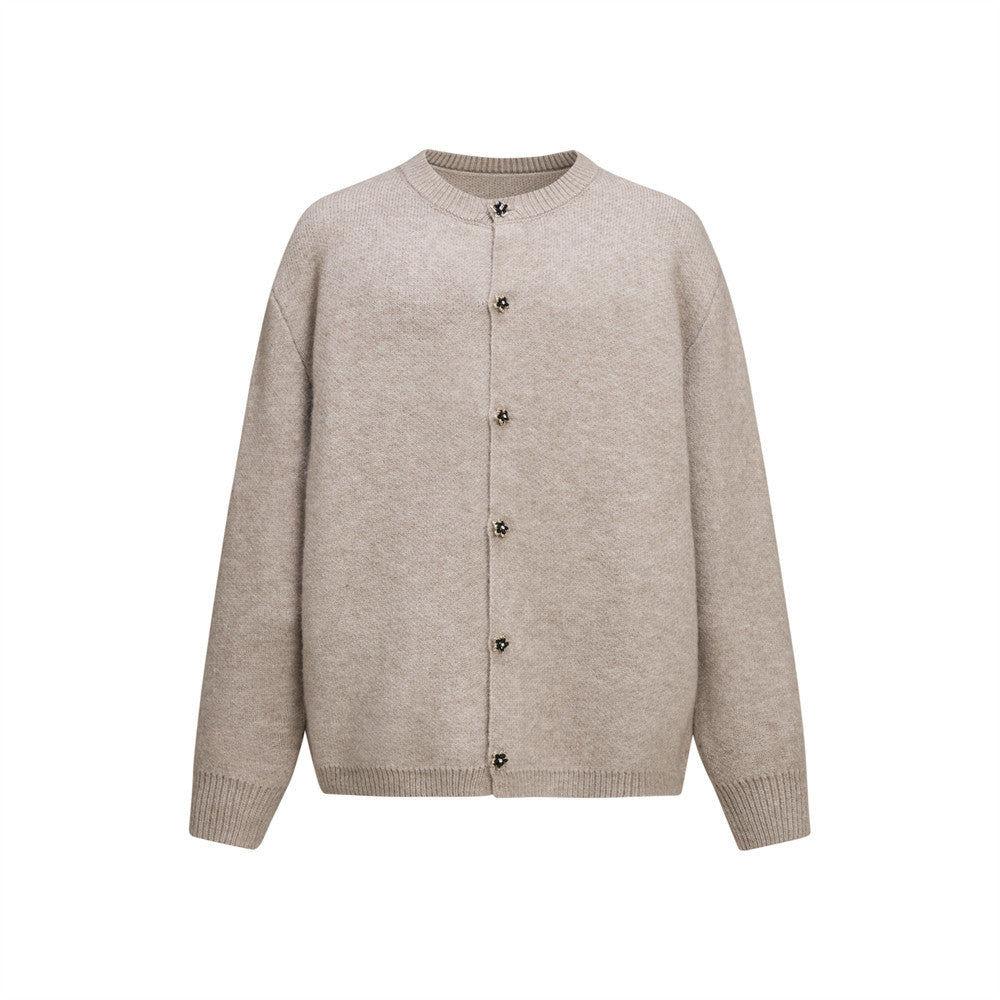 Solid color round neck knitted cardigan
