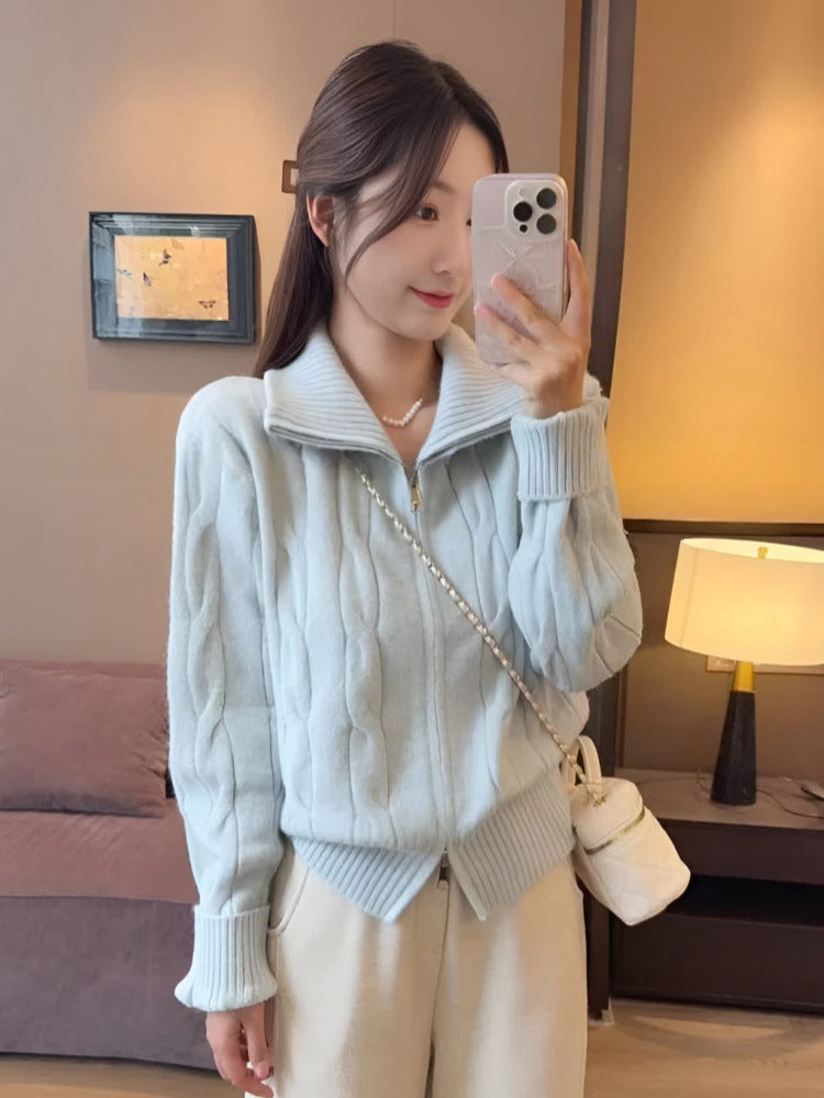 High neck double zipper sweater jacket for women