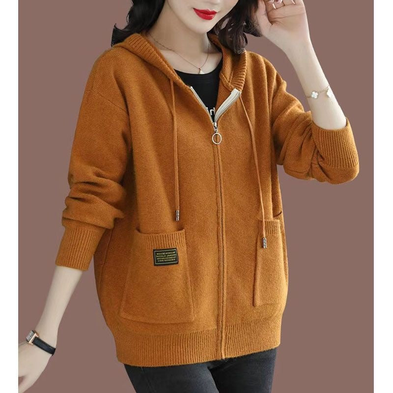 Zipper sweater with cap knit sweater jacket for women