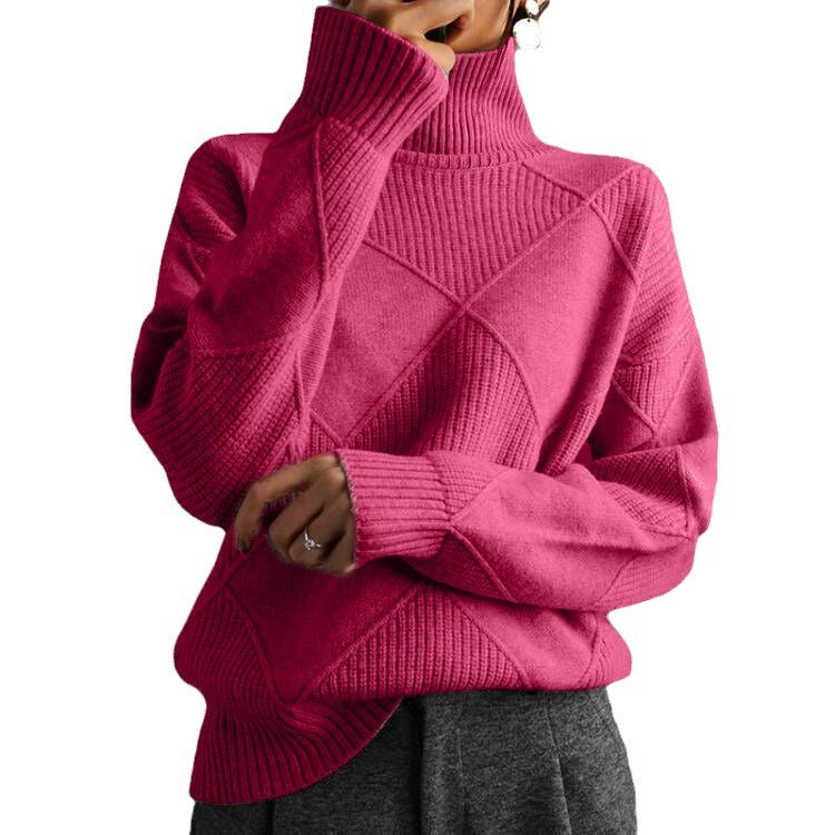 Commuter Knitwear Solid Color High Neck Diamond Sweater for Women