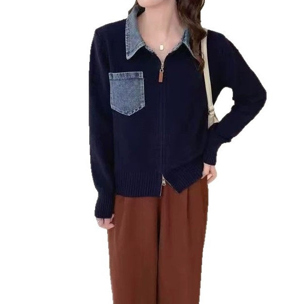 Collar denim patchwork fake two-piece knitted cardigan jacket