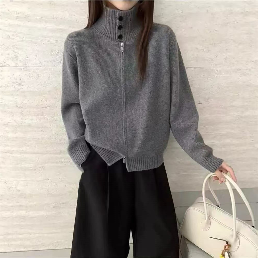 High neck pit striped sweater women's double zipper knitted cardigan