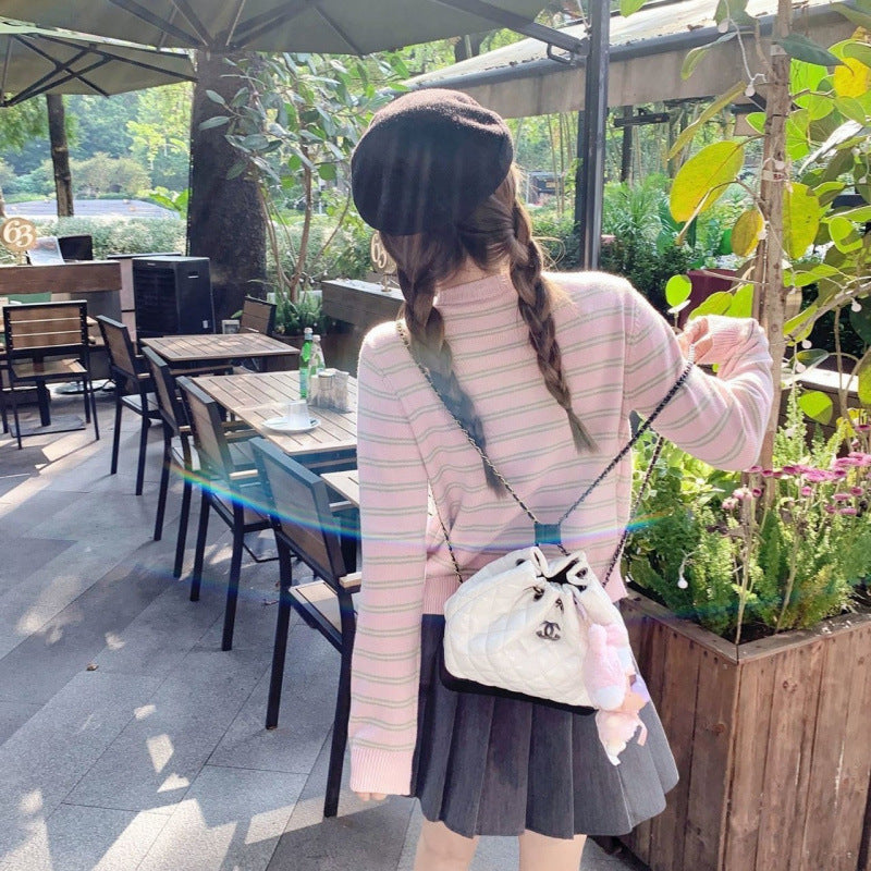 Pink Mock Two-Piece Knit Cardigan for Women, Color-Blocked Stripe Outerwear