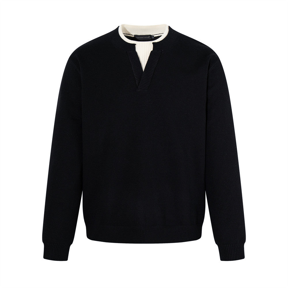 Color blocked V-neck fake two piece long sleeved knitted sweater