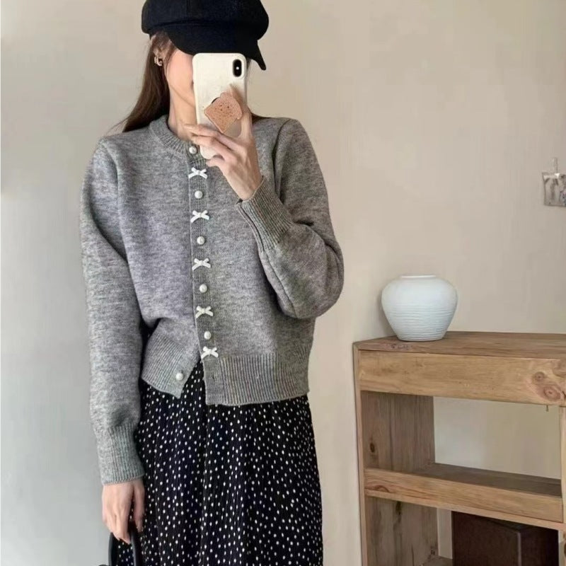 Butterfly knot pearl button knitted cardigan