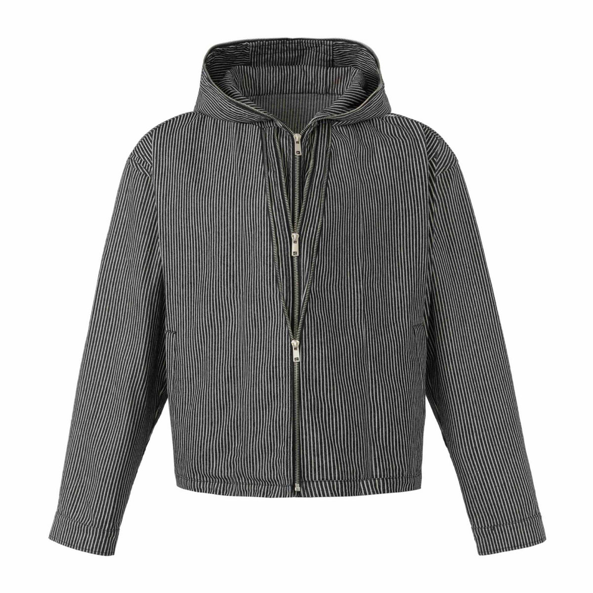 Vertical Stripe Hooded Multi-Zipper Decorative Work Jacket