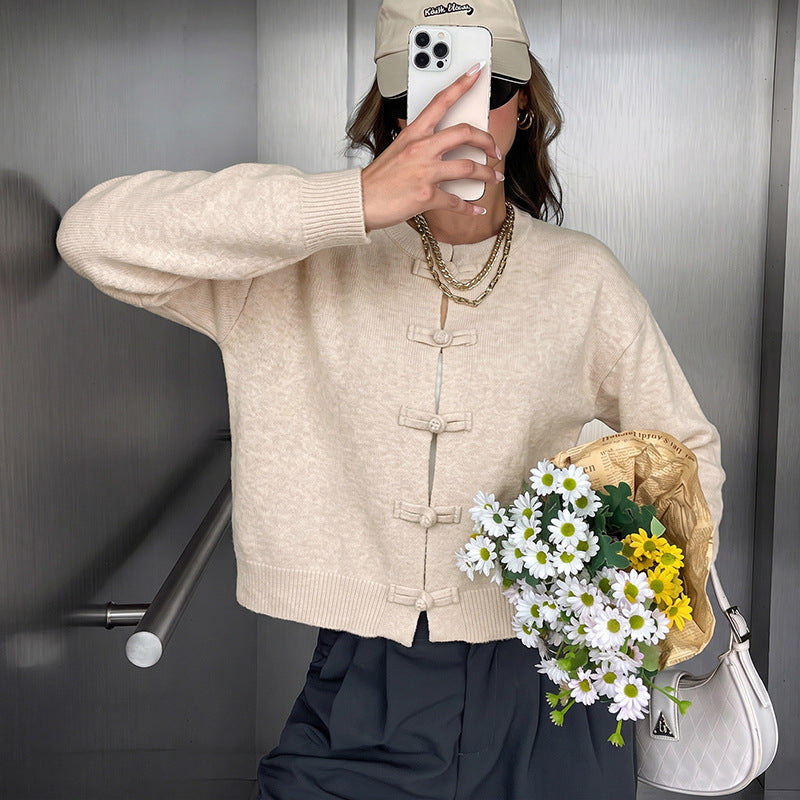 Solid color new Chinese style buttoned sweater jacket