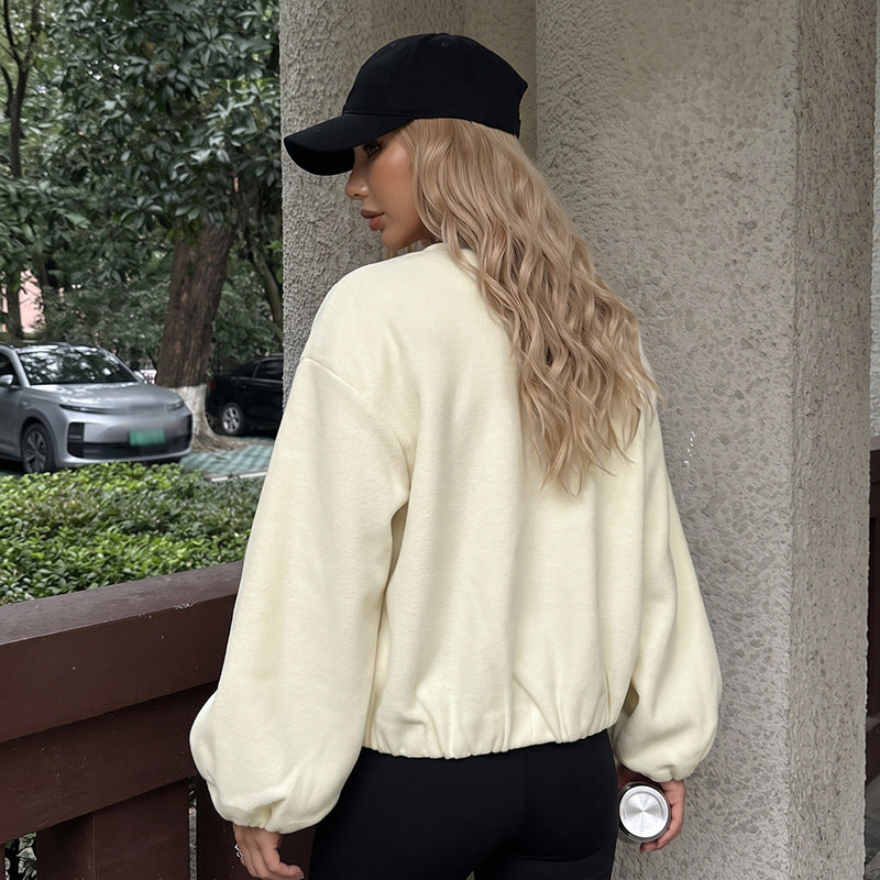 Solid color loose stand up collar zipper jacket