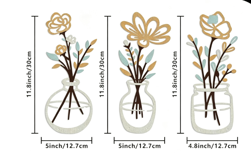 Three piece metal flower wall decoration flower black flower bottle minimalist art wall decoration living room bathroom home bed