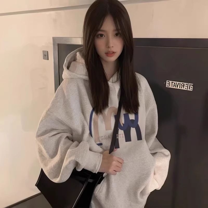 Chic Hooded Sweatshirt for Women with Letter Print, Loose Fit, Thick Fleece Lined