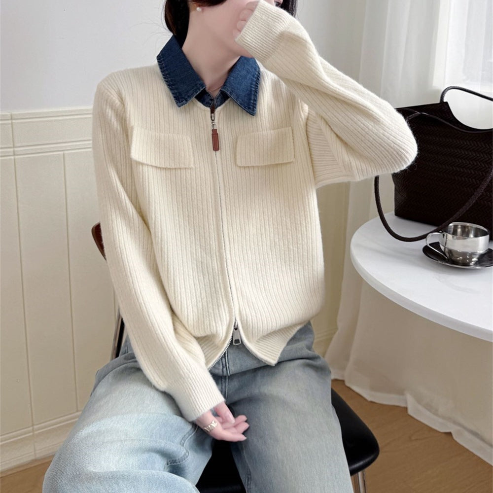 Double zipper knitted cardigan jacket for women