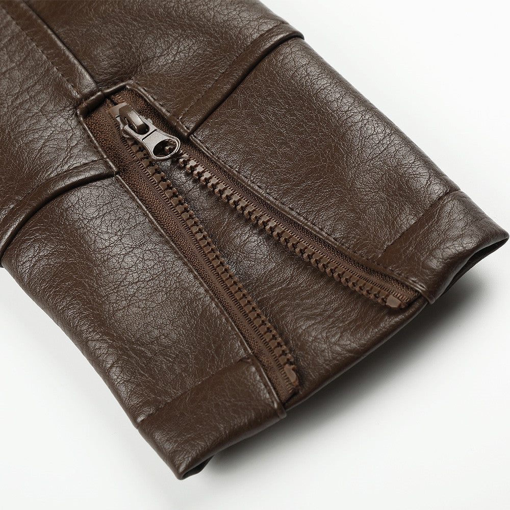 Solid color stand up collar PU leather jacket