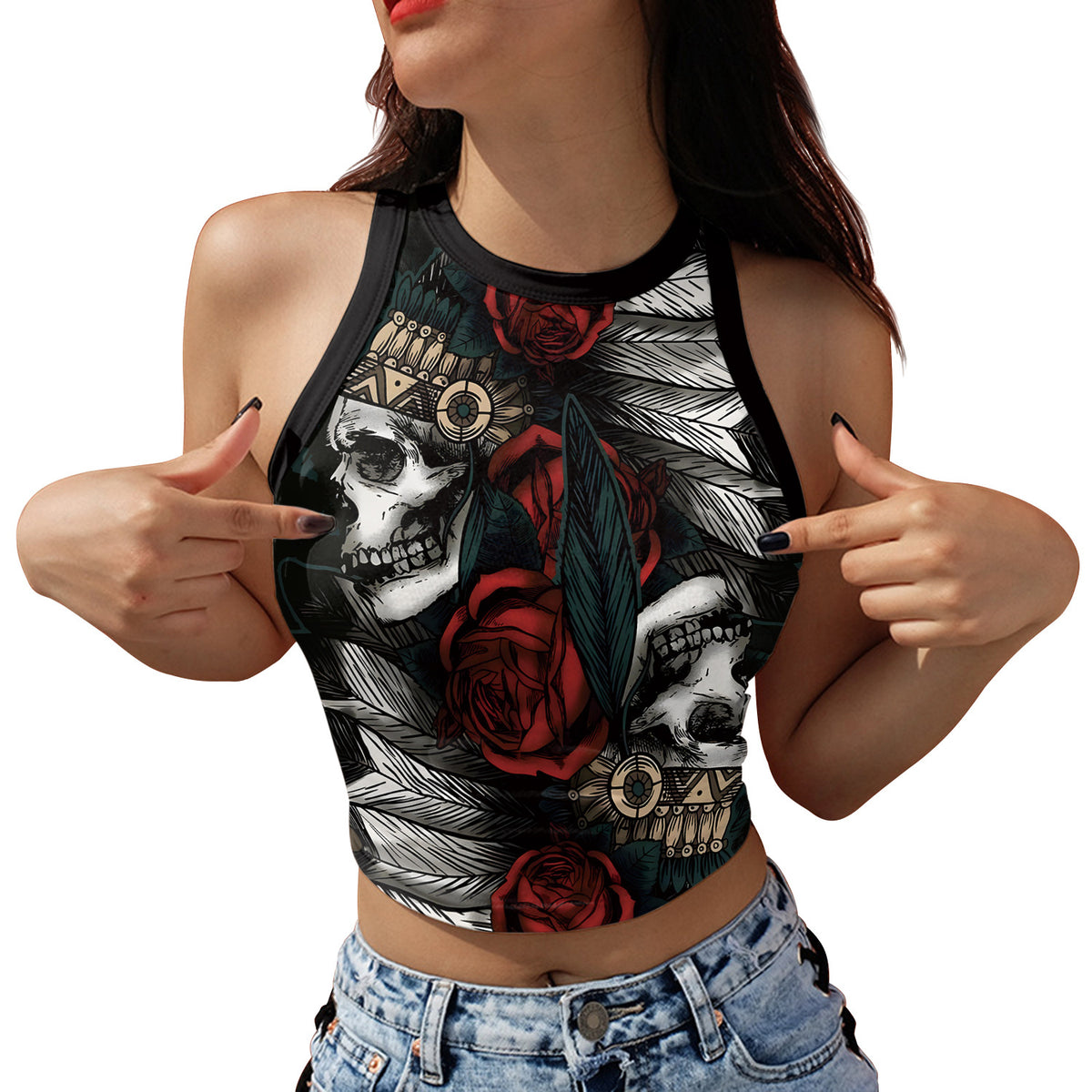 Skeleton Head Digital Print Short Crop Top for Summer