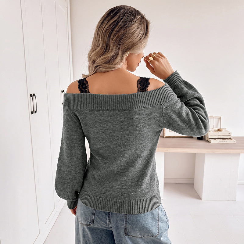 Solid color lace patchwork one shoulder waist sweater