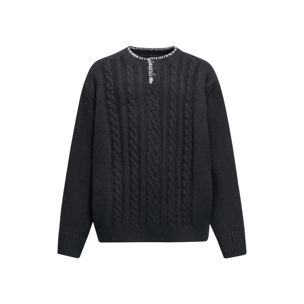 Button half open neck round neck sweater