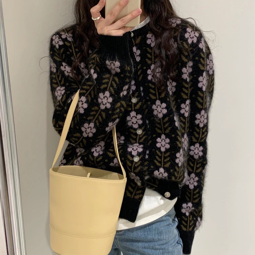 Retro jacquard sweater women's round neck cardigan jacket