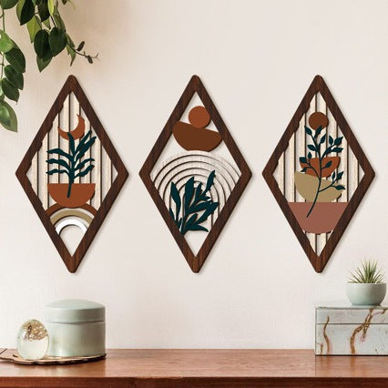Bohemian Wooden Hollow Pendant Plant Flower Decoration Set Rustic Countryside Style Wall Hanging Decor