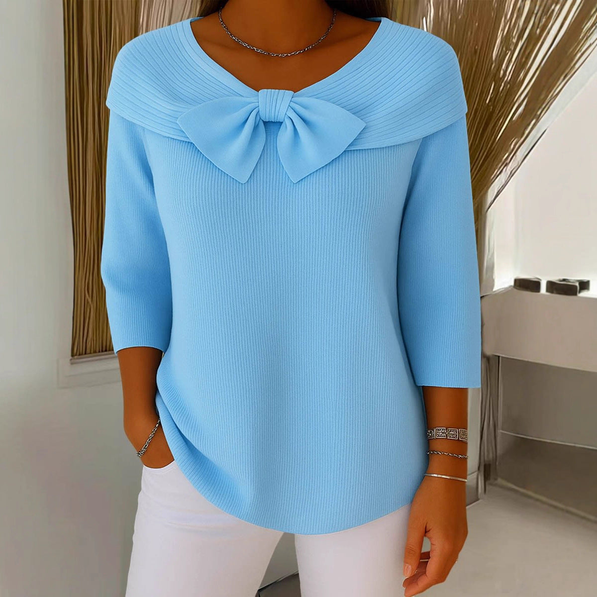 French long sleeved shirt with bow tie sweater for women