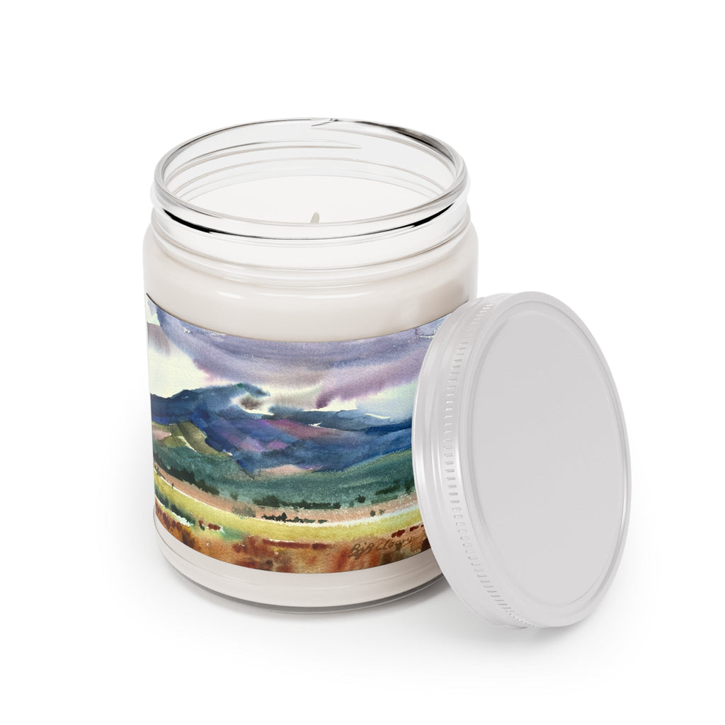 9oz Eco-Friendly Scented or Unscented Soy Wax Candle Jar with 'Tranquil Mountain View 2' Artwork by American Artist Barbara Cleary