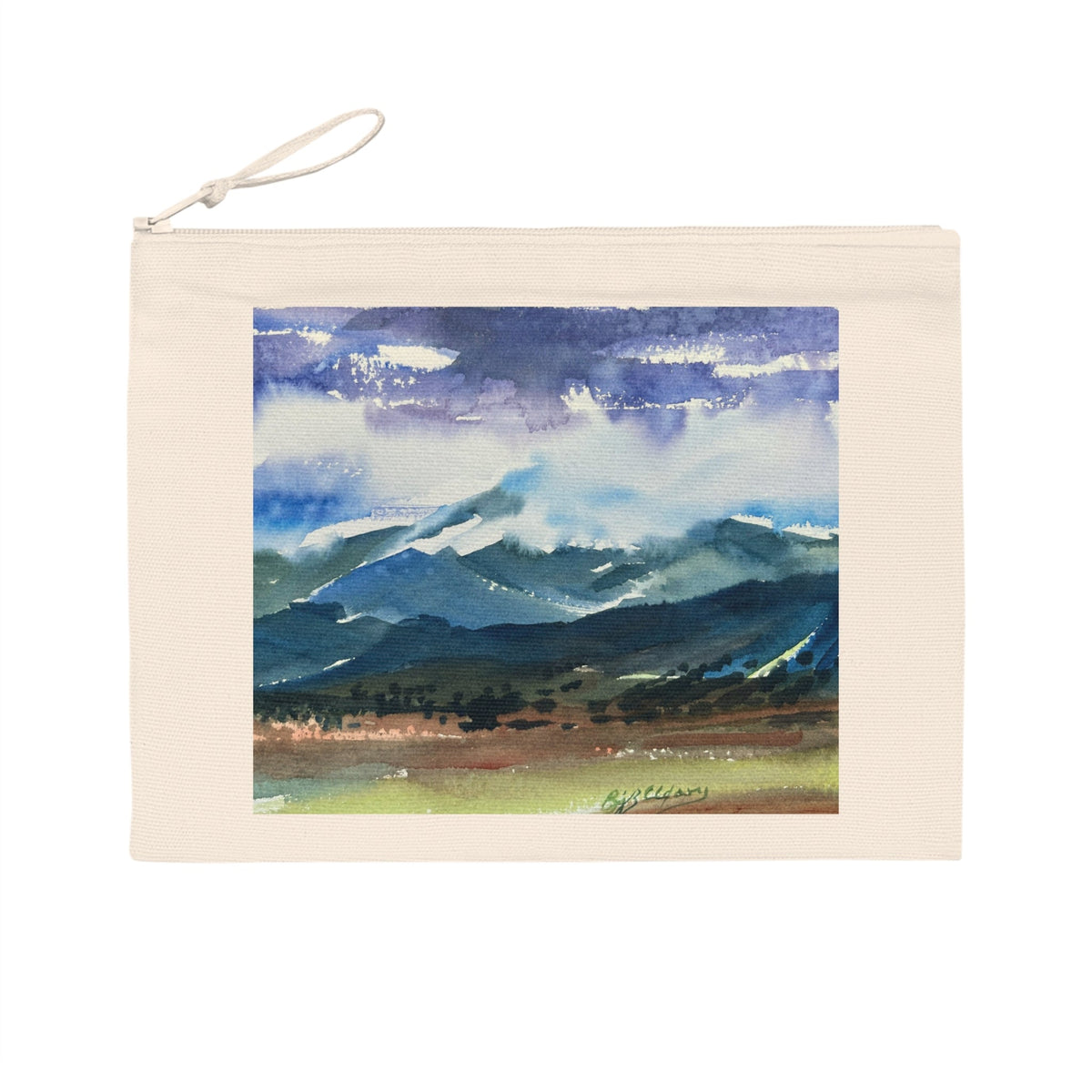 Eco-Friendly Pouch with 'Tranquil Mountain View 3'  I Original Artwork by American Artist Barbara Cleary