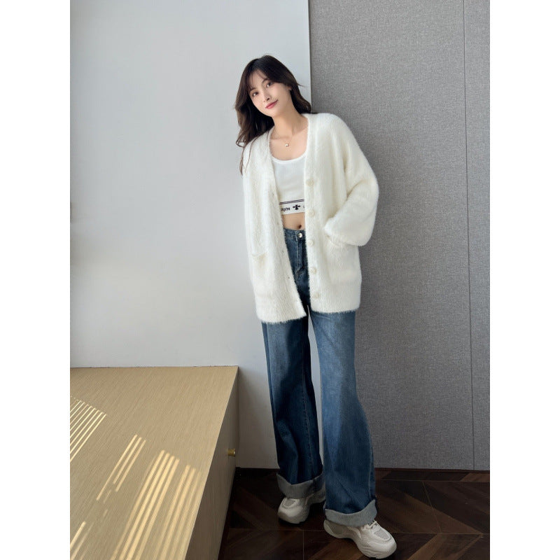 Knit Cardigan for Women, Loose Lantern Sleeve Sweater Top
