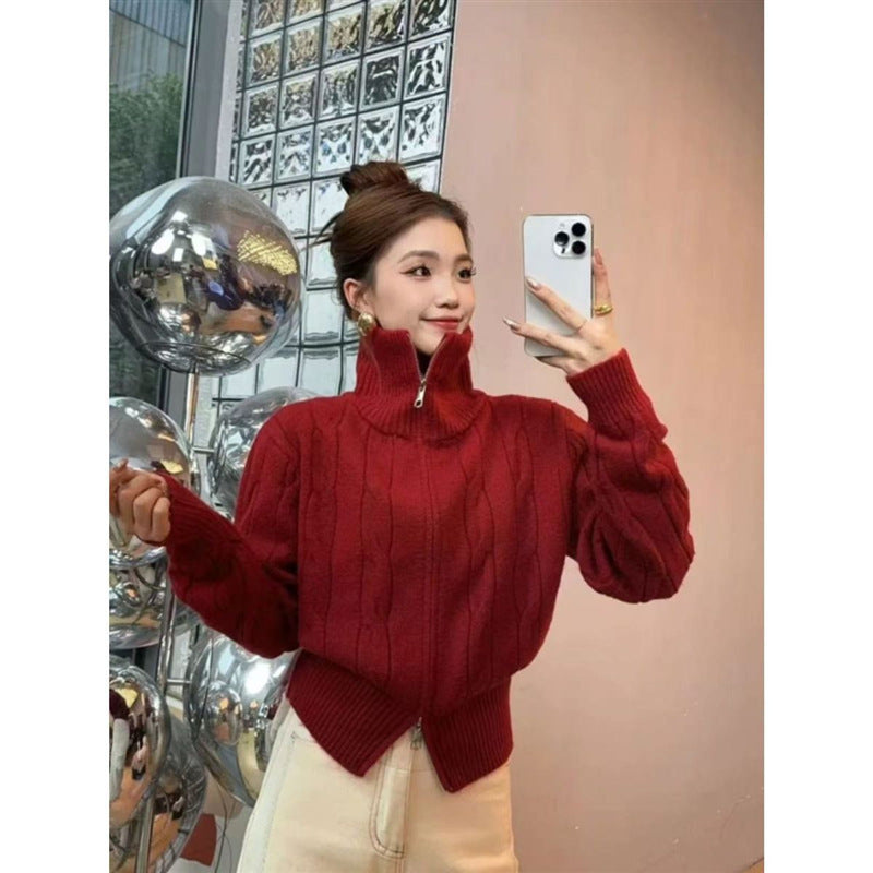 High neck double zipper sweater jacket for women