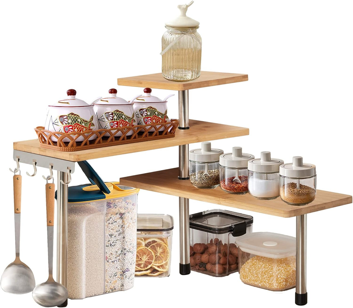 3 Tier Bamboo Corner Spice Rack with Hooks