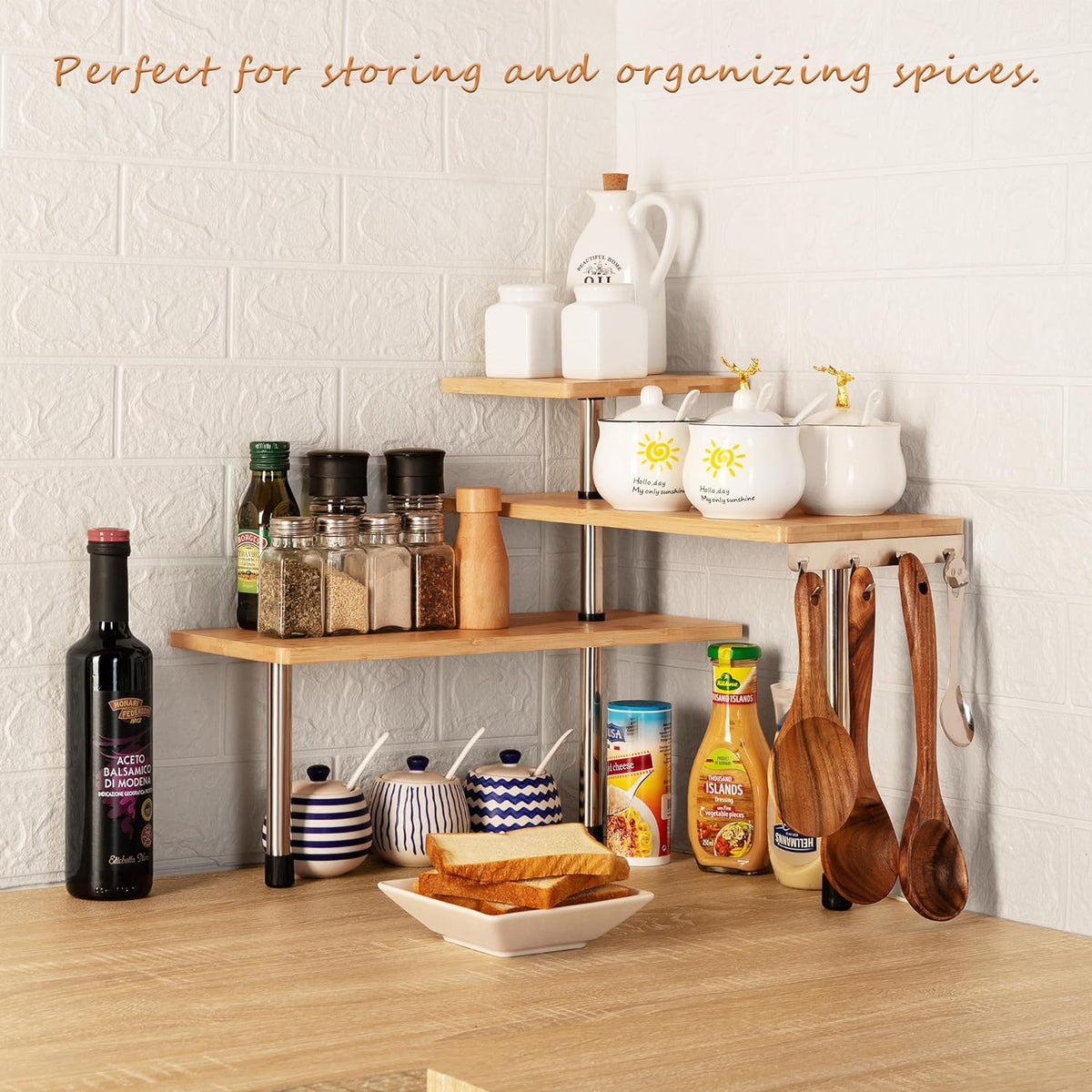 3 Tier Bamboo Corner Spice Rack with Hooks