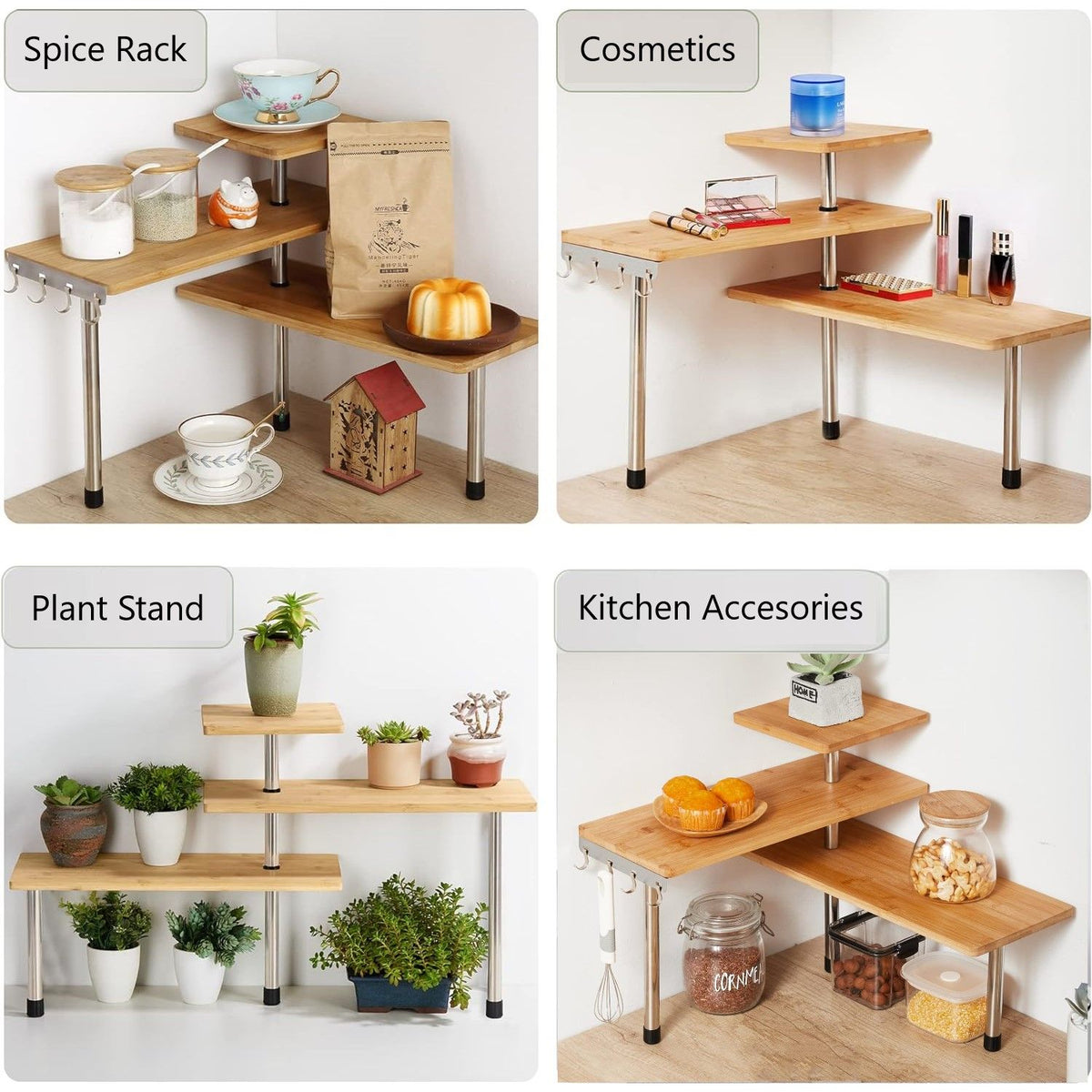 3 Tier Bamboo Corner Spice Rack with Hooks