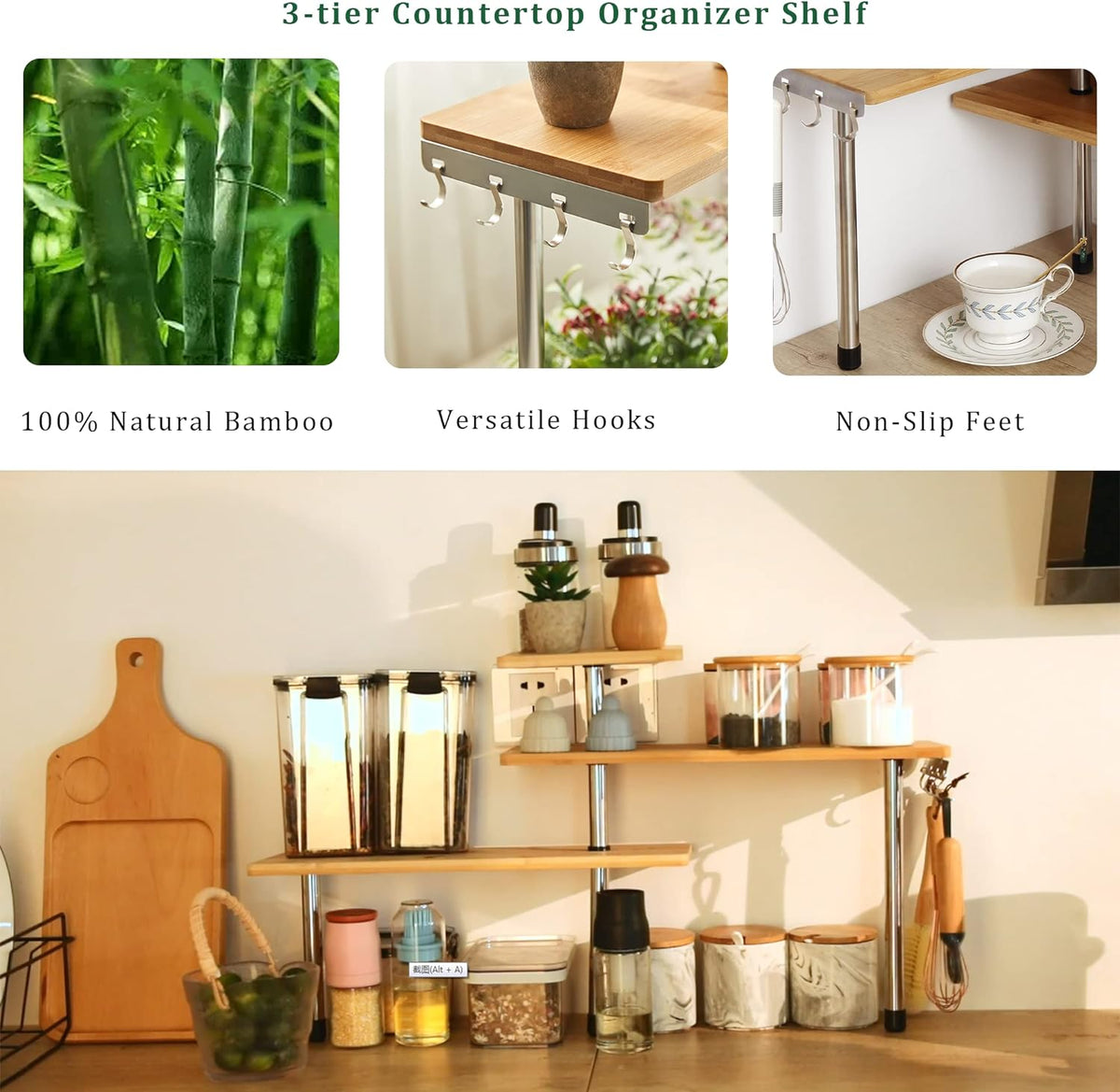 3 Tier Bamboo Corner Spice Rack with Hooks