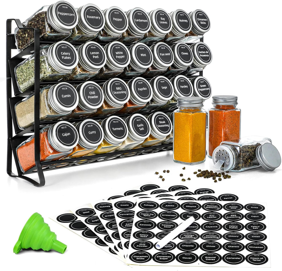 4 Tier Spice Rack Organiser with 28 Glass Jars, 300 Labels & Funnel
