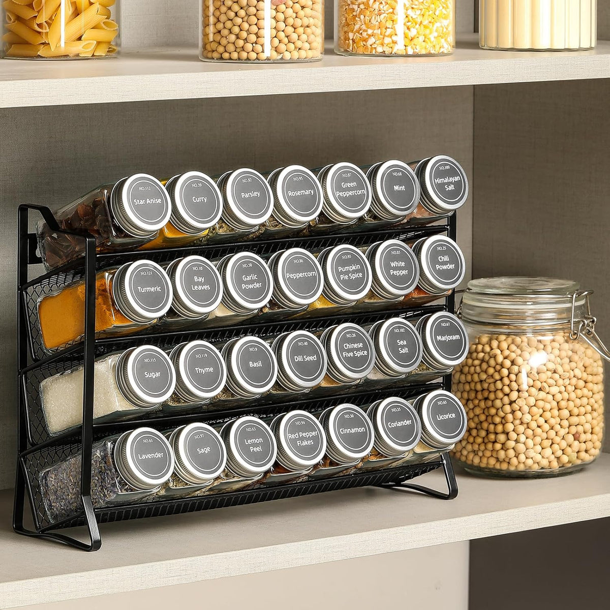 4 Tier Spice Rack Organiser with 28 Glass Jars, 300 Labels & Funnel