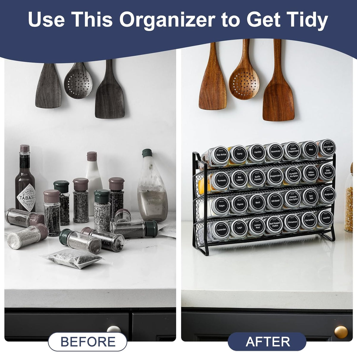 4 Tier Spice Rack Organiser with 28 Glass Jars, 300 Labels & Funnel