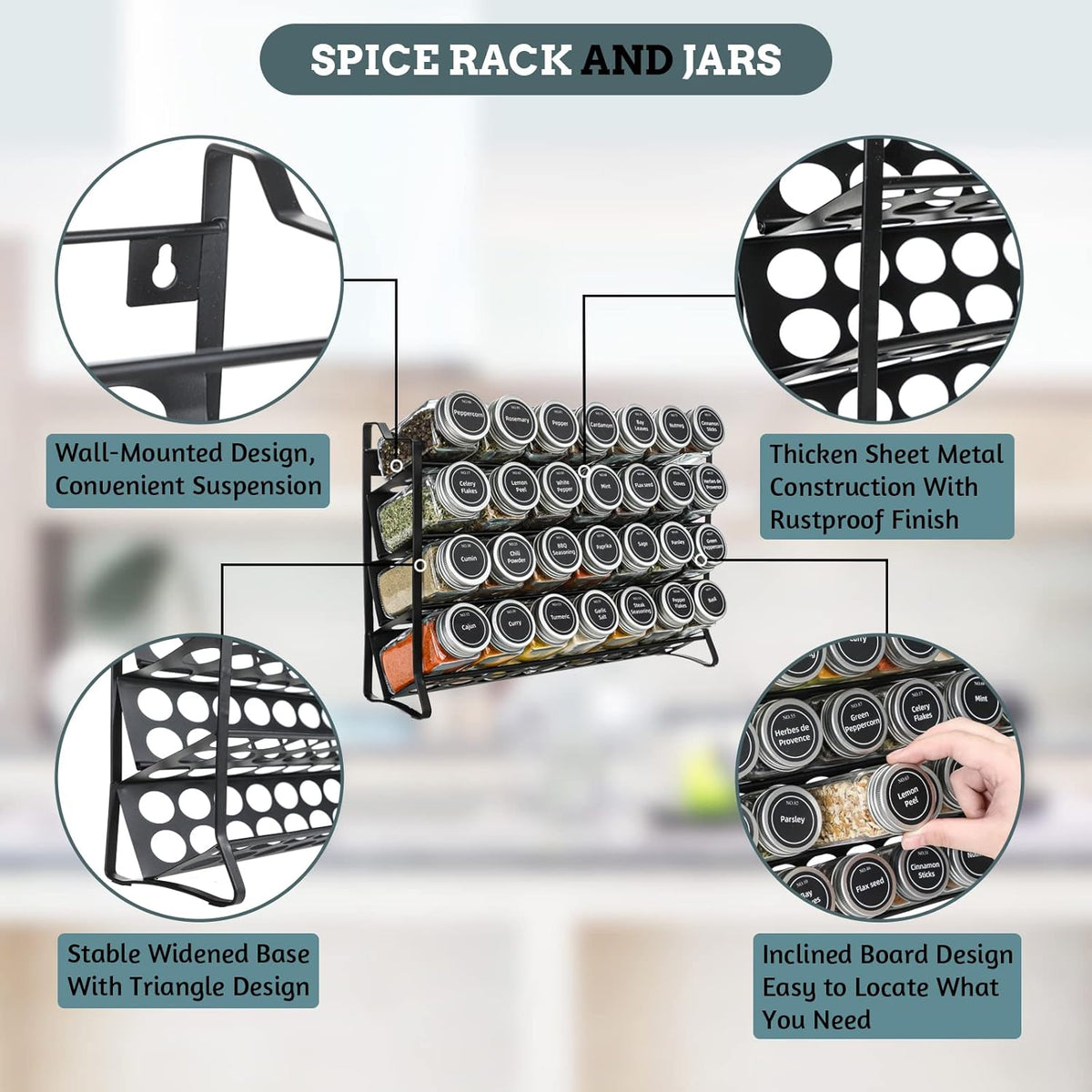 4 Tier Spice Rack Organiser with 28 Glass Jars, 300 Labels & Funnel