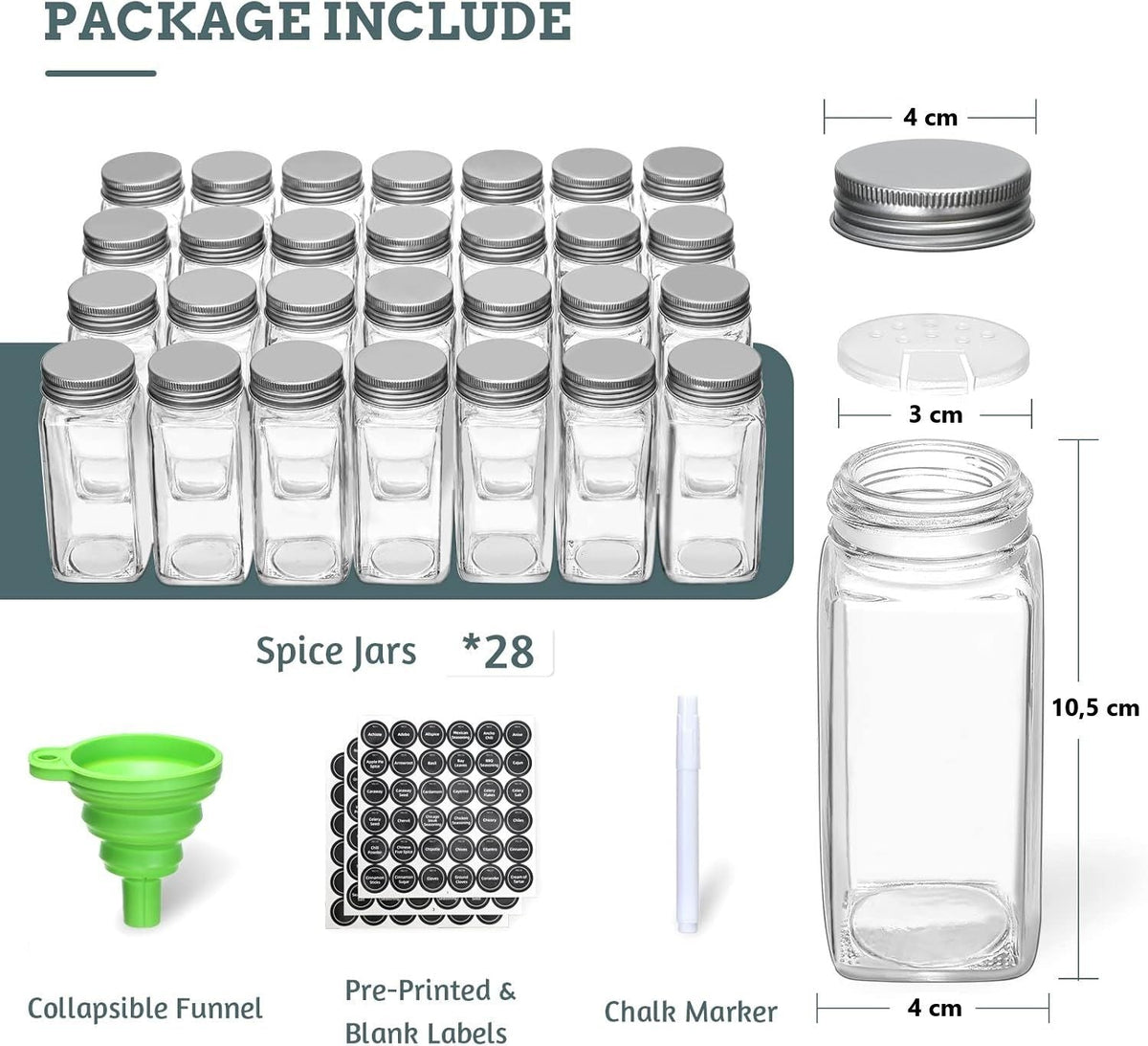 4 Tier Spice Rack Organiser with 28 Glass Jars, 300 Labels & Funnel