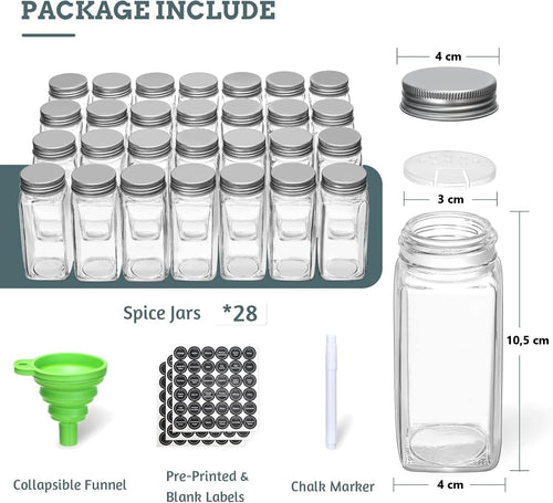 4 Tier Spice Rack Organiser with 28 Glass Jars, 300 Labels & Funnel