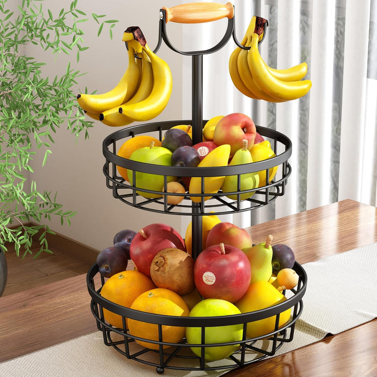 2-Tier Fruit Basket Bowl with Dual Banana Hanger