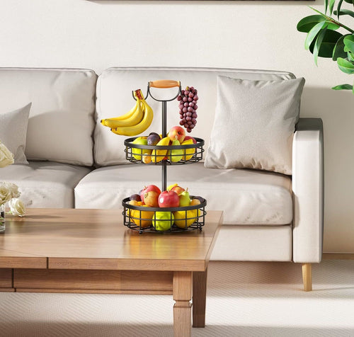 2-Tier Fruit Basket Bowl with Dual Banana Hanger