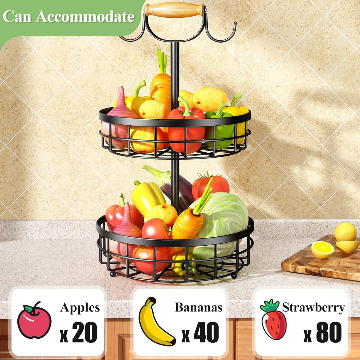 2-Tier Fruit Basket Bowl with Dual Banana Hanger