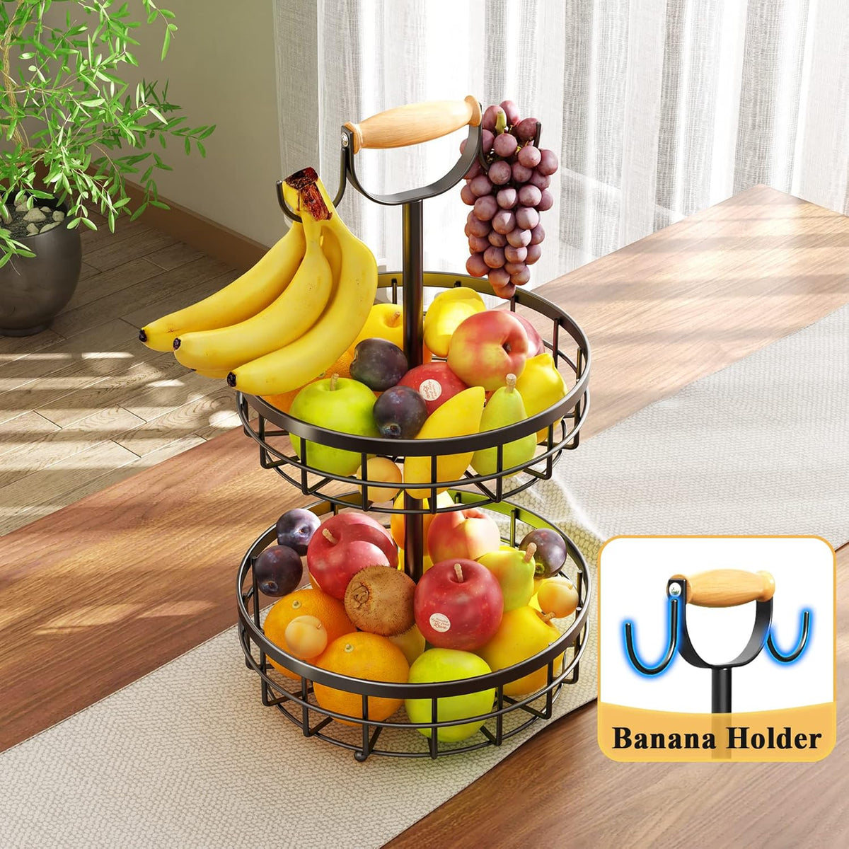 2-Tier Fruit Basket Bowl with Dual Banana Hanger