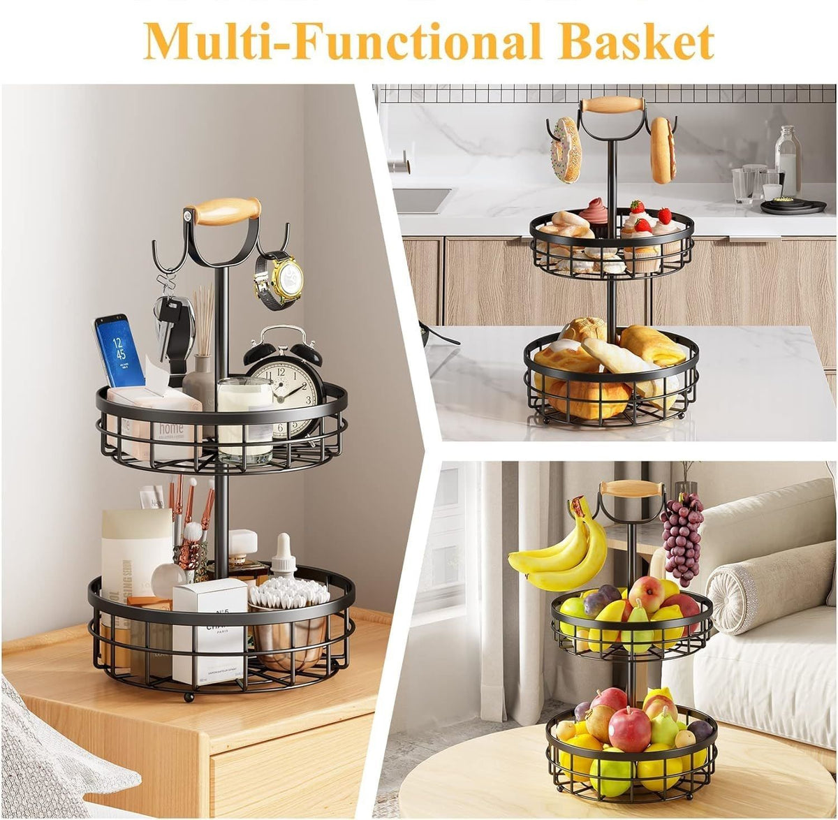 2-Tier Fruit Basket Bowl with Dual Banana Hanger
