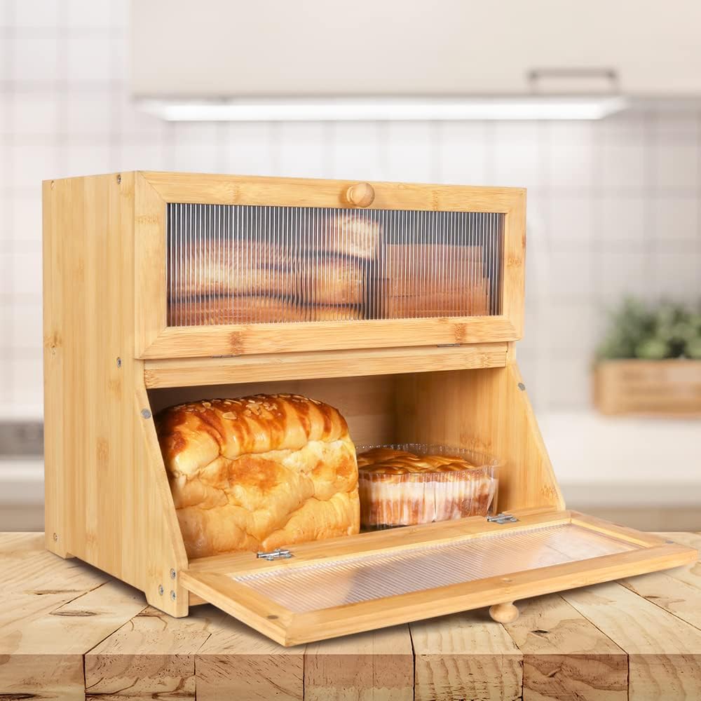 Double Layer Bamboo Bread Box with Clear Window for Kitchen Counter