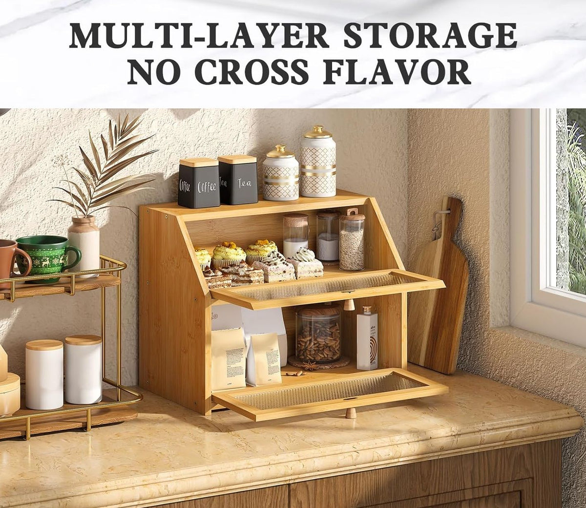 Double Layer Bamboo Bread Box with Clear Window for Kitchen Counter
