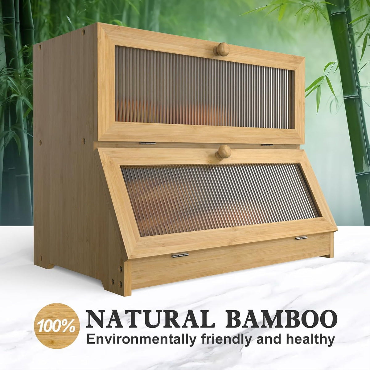 Double Layer Bamboo Bread Box with Clear Window for Kitchen Counter