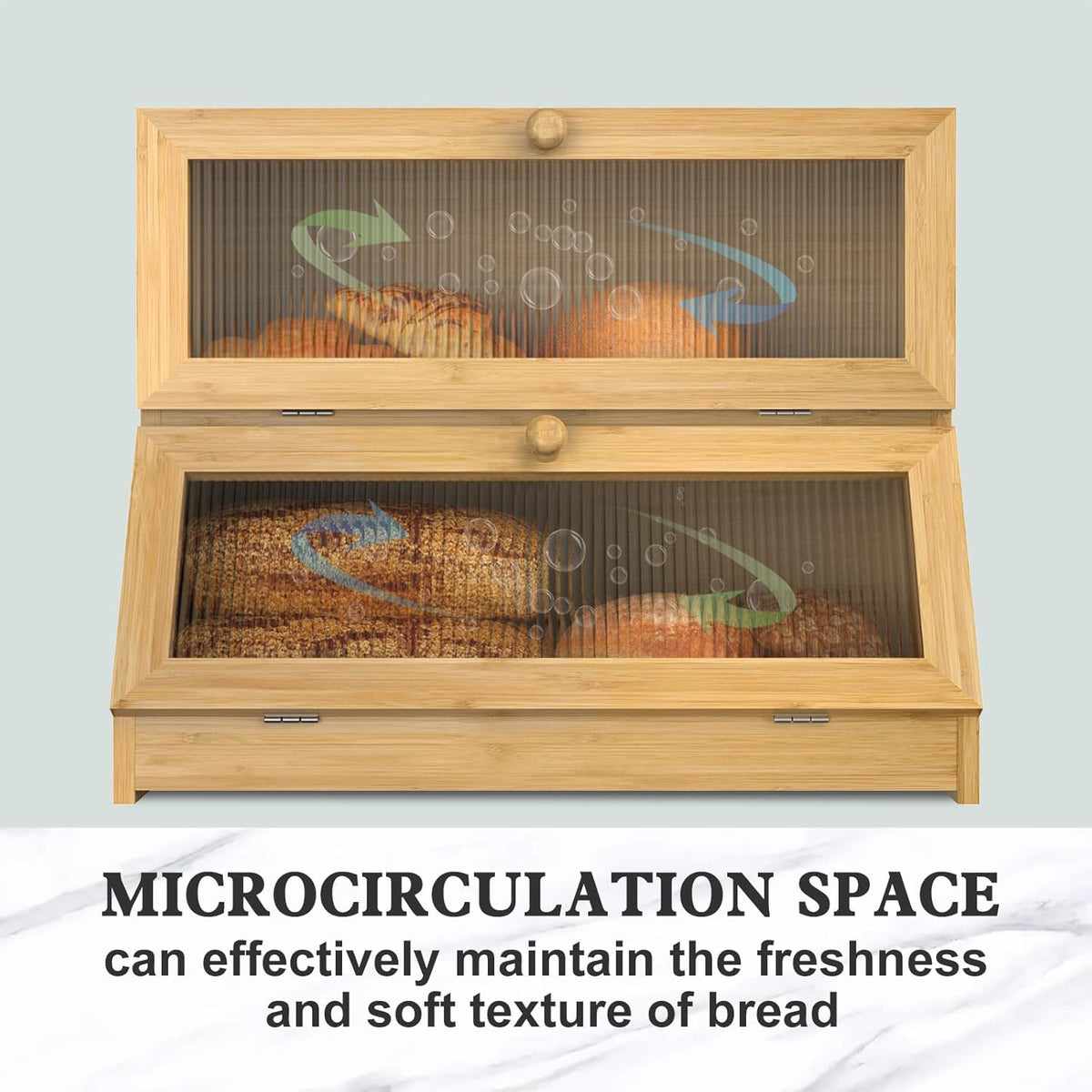 Double Layer Bamboo Bread Box with Clear Window for Kitchen Counter