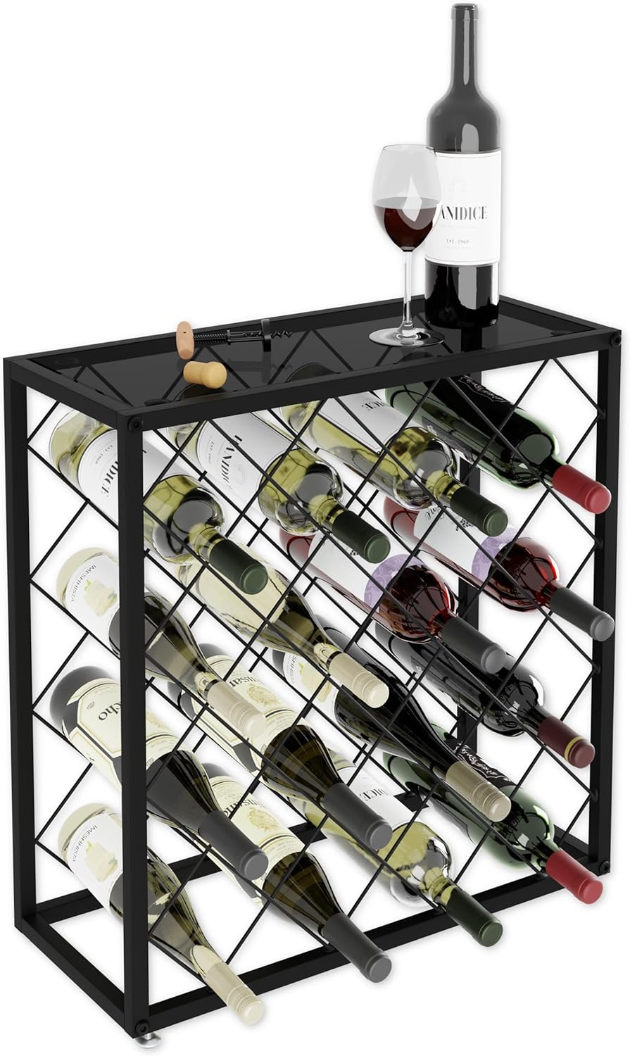 Metal Wine Rack for 25 Bottles with Glass Top Shelf