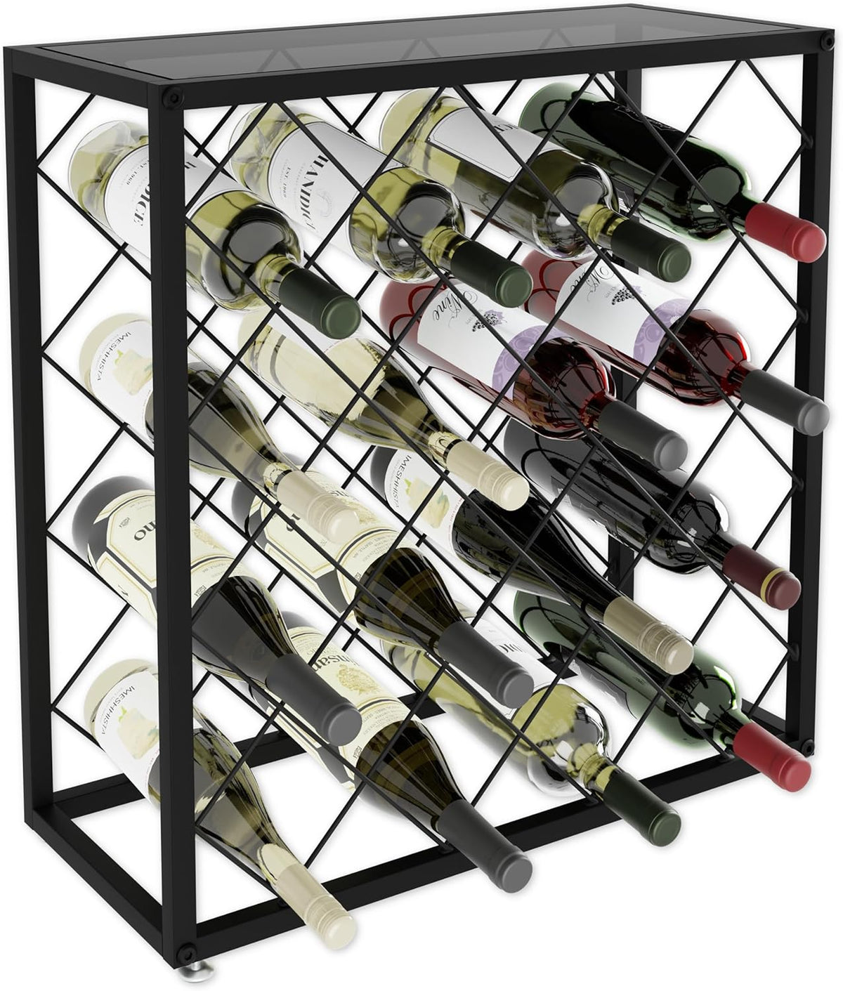 Metal Wine Rack for 25 Bottles with Glass Top Shelf