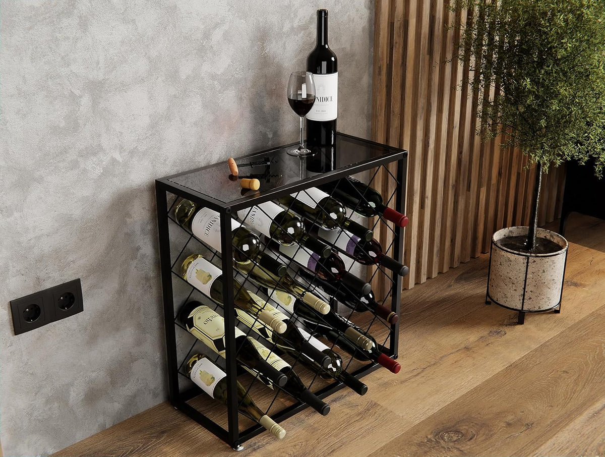 Metal Wine Rack for 25 Bottles with Glass Top Shelf