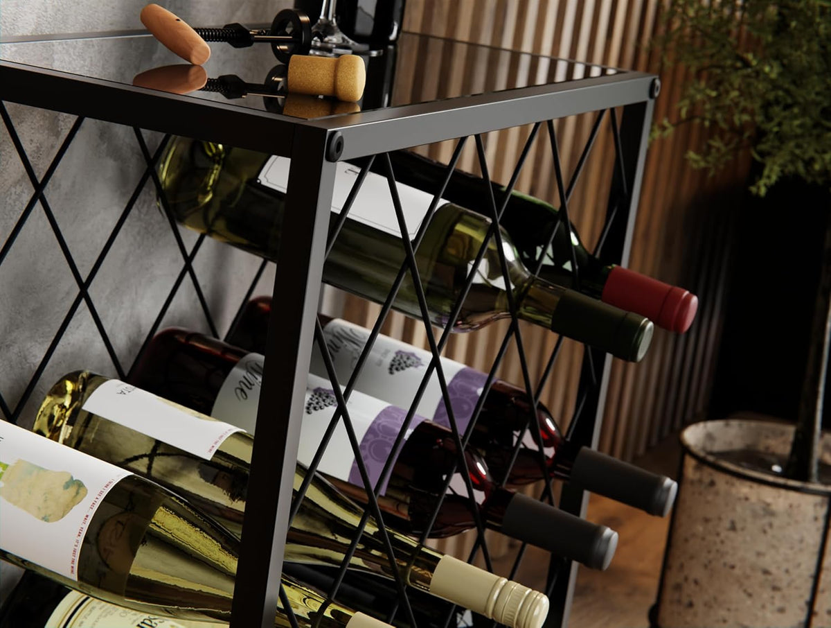 Metal Wine Rack for 25 Bottles with Glass Top Shelf