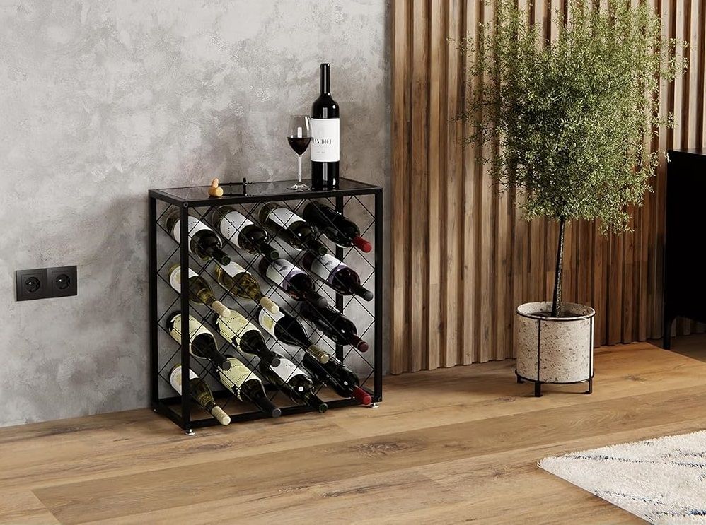Metal Wine Rack for 25 Bottles with Glass Top Shelf